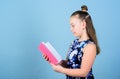 Art director. workbooks for writing. school diaries for making notes. small girl with pink note book. school child with Royalty Free Stock Photo