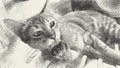 Drawing black and white of cite tabby cat