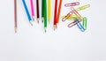 Art and drawing concepts, Colored crayon pencils and clips on white background, Wide banner Royalty Free Stock Photo