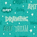 Blue, mint green and beige cute hand drawn background with lettering and stars