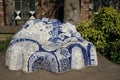 Delft, The Netherlands - April 21, 2019: Sofa with Delft blue tiles in the garden of museum Het Prinsenhof called Homage to Gaudi