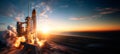 A Earth\'s Spaceport. Stunning sunrise panorama. View of shuttle spaceship Launch from Earth. rocket banner design with copy
