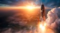 A Earth\'s Spaceport. Stunning sunrise panorama. View of shuttle spaceship Launch from Earth. rocket banner design with copy