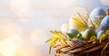 Art Easter background with Easter eggs in the basket Royalty Free Stock Photo
