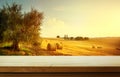 Art Empty wooden deck table on traditional italian rural landscape background