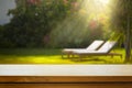 Art Empty wooden table on sunny blurred tropical patio background. Outdoor party mockup for design and product display