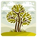 Art fairy illustration of tree growing on beautiful meadow, stylized eco landscape with clouds. Insight vector image on season id Royalty Free Stock Photo