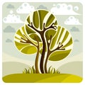 Art fairy illustration of tree growing on beautiful meadow Royalty Free Stock Photo