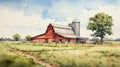 Industrial Agricultural Scene: Realistic Watercolor Painting Of Red Barn And Grain Silos