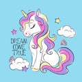 Art fashion illustration drawing in modern style for clothes. Cute unicorn. Dream come true text