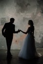 Art fashion studio photo of wedding couple silhouette groom and bride on colors background. Art Wedding style. Royalty Free Stock Photo