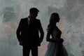 Art fashion studio photo of wedding couple silhouette groom and bride on colors background. Royalty Free Stock Photo