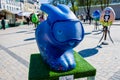 Art figure of Easter bunny in blue in the image of a diver with diving mask on face. Beautiful Easter decoration art Kyiv Kiev,