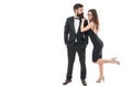 Art of flirt. Pick up and flirt concept. Bearded man in tuxedo and playful girl. Perfect flirt at party or event Royalty Free Stock Photo