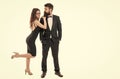 Art of flirt. Pick up and flirt concept. Bearded man in tuxedo and playful girl. Perfect flirt at party or event Royalty Free Stock Photo