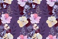 Art floral seamless pattern. Pale yellow, blue and pink viola flowers, columbine, moneywort