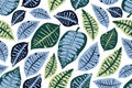 Art floral vector seamless pattern. Blue leaves