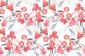 Art floral vector seamless pattern. Pink ipomoea, peony, iris flowers, grey and orange branches, leaves