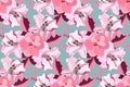 Art floral vector seamless pattern. Pink lilies and violets isolated on grey-blue background. Royalty Free Stock Photo