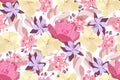 Art floral vector seamless pattern. Pink peonies, yellow viola, purple columbine.