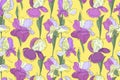 Art floral vector seamless pattern. Purple, violet, pale yellow irises with green stems and leaves. Royalty Free Stock Photo