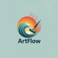 Art Flow logo with wave sunset paint roller and musical notes ocean Royalty Free Stock Photo