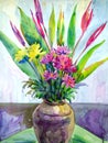 Art flowers in vase still life watercolor painting illustration