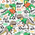 Art. Football pattern on a wite background. Cute dinosaur plays soccer. Design for kids. Vector illustration.