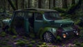 Cars covered with moss are abandoned in the rainforest