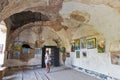 Art gallery in abandoned medieval castle Saint Miklosh, Chynadievo, Ukraine.