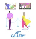 Art gallery, museum exhibition, vector illustration. People viewing modern abstract art painting on wall. Cultural event