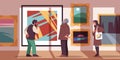 Art gallery visitors. Modern art connoisseurs view paintings in contemporary exhibition hall, abstractionism museum Royalty Free Stock Photo