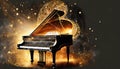 graphic design of grand piano on an abstract black background with golden lights