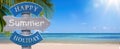 Art Happy summer holiday banner; vintage rustic wooden signboard on a tropical beach Royalty Free Stock Photo