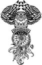 Owl with dreamcatcher. Black and white Royalty Free Stock Photo
