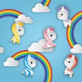 Seamless pattern cartoon unicorn in paper art style with various cute baby horse vector illustration.