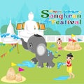 Cartoon happy kids and elephant enjoy thai songkran water festival Royalty Free Stock Photo