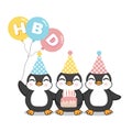 Happy cute Penguins celebrate birthday.