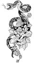 Snake and peony flower. Black and white Tattoo Royalty Free Stock Photo