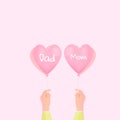 Llustrations of hands holding a love balloon starting with me, mother and father.illustration of happy family day