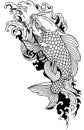 Koi carp swimming upstream. Black and white tattoo