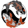 Two koi carp fishes in the circle of yin yang symbol