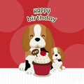 Cute dog holds a birthday cake. Happy Birthday Greeting Card. Royalty Free Stock Photo