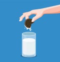 Cookies sandwich chocolate with milk, hand dipping cookies to fresh milk in cartoon flat illustration vector in blue background Royalty Free Stock Photo