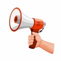 Hand holding Megaphone, Demonstrator Oration and Shouting using Loadspeaker Symbol in cartoon illustration vector isolated in whit