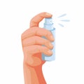 Hand holding Pocket Spray Bottle, Symbol for Parfume or Sanitizer Product. Concept in cartoon illustration vector isolated in whit Royalty Free Stock Photo