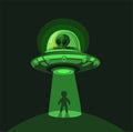 Alien Invasion on Earth. Flying Ufo Abduction with light beam at Night Scene Concept in Comic Cartoon illustration Vector Royalty Free Stock Photo