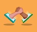 Handshake Smartphone to Support, Brown and White Skin hand Support Diversity Symbol Concept in Cartoon illustration Vector