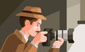 Detective spying hiding behind window and capture photo with digital camera in cartoon illustration vector