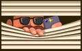 Man Wear Black Glasses Capture Photo with Smartphone behind Curtain, guy hiding and taking picture scene concept cartoon illustrat